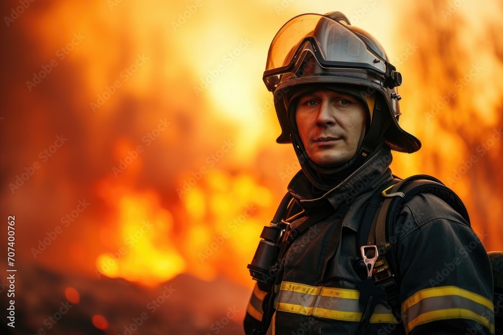 Heroic firefighter in uniform with helmet and equipment Heroic firefighter in uniform with helmet and equipment