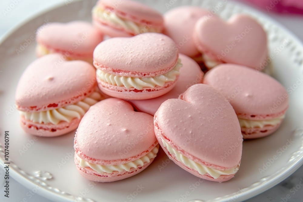 Pink heart-shaped macarons on a white plate, close-up