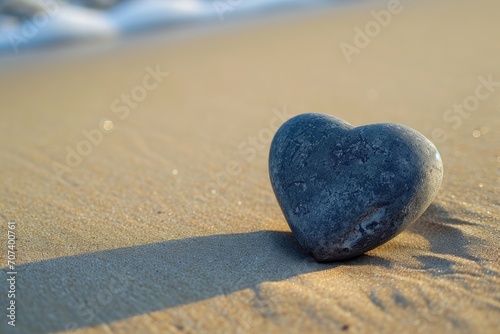 Heart-shaped stone on a sandy beach