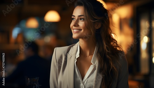 Graceful Professionalism: Portrait of a Smiling Businesswoman in Brown Wavy Hair and Light Grey Suit
