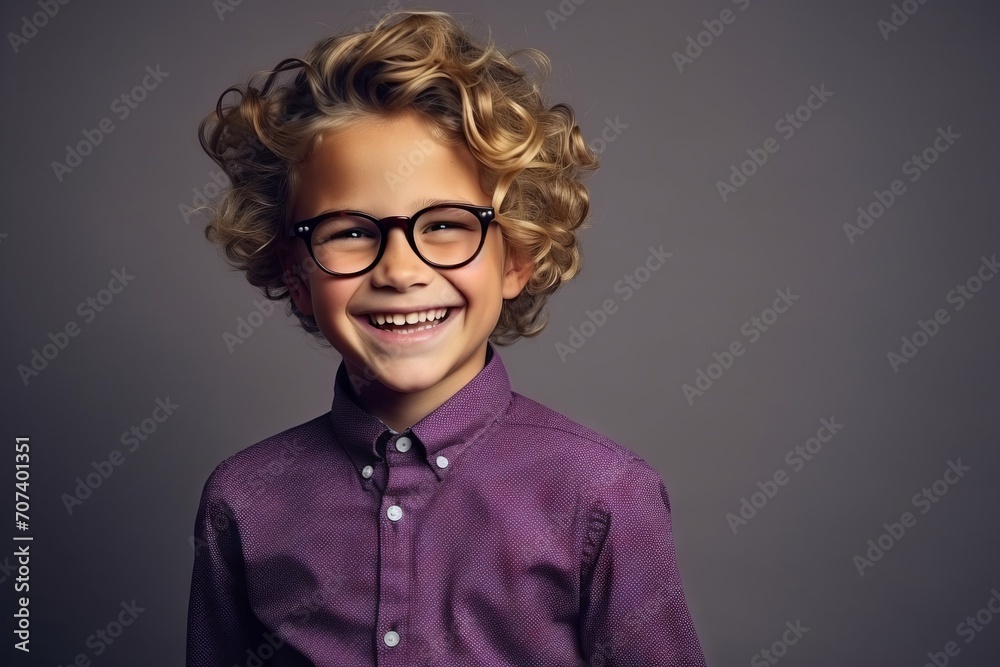 Portrait of a cute little boy with curly hair wearing glasses.