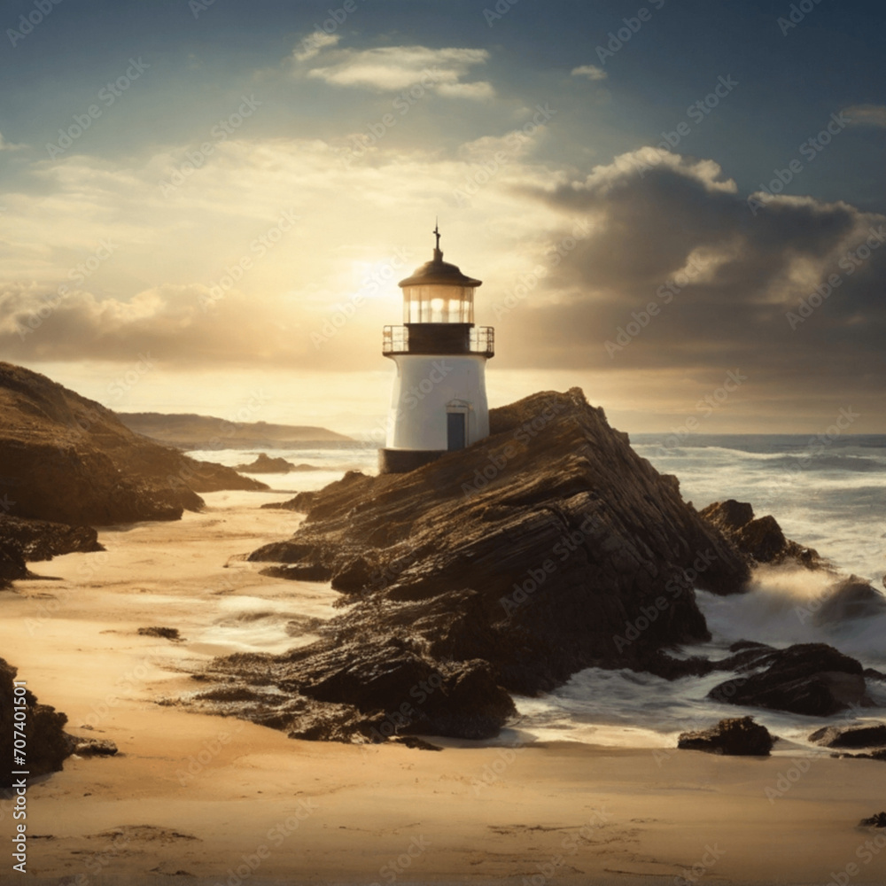 Farol no por do sol na praia nas pedras Farol no por do sol na praia nas pedras