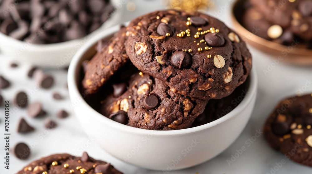Vegan chocolate oatmeal banana cookies with gold sprinkles on a bowl of chocolate chips
Vegan chocolate oatmeal banana cookies with gold sprinkles on a bowl of chocolate chips