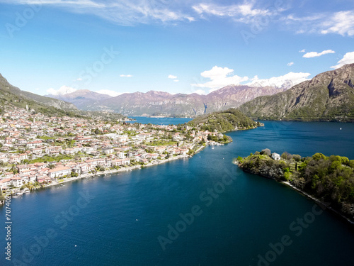 Aerial view of Pusiano Lake and Isola dei Cipressi, in Como, Lombardy.