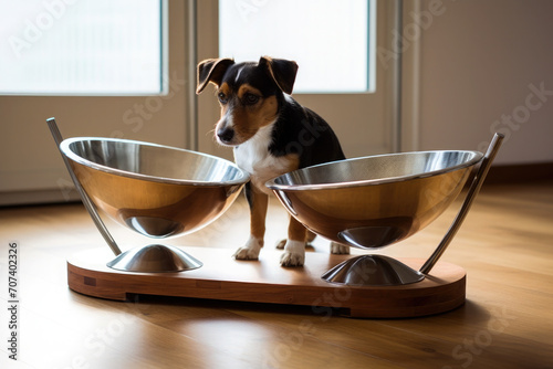 A puppy stands in front of two floor bowls with food © Ari