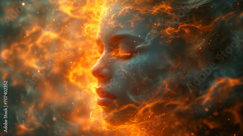 Beautiful woman, background with double exposure and fire
