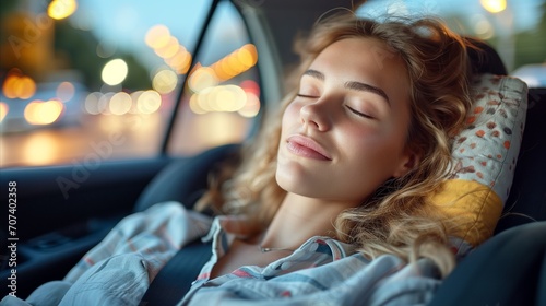 Woman Sleeping in Car Backseat photo