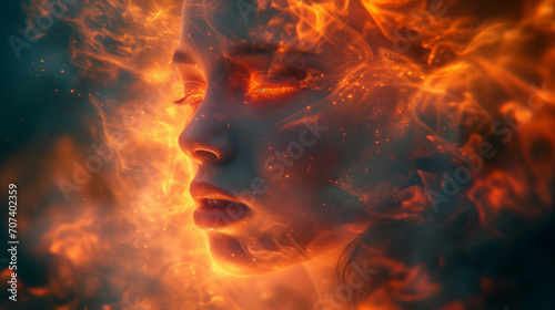 Beautiful woman, background with double exposure and fire