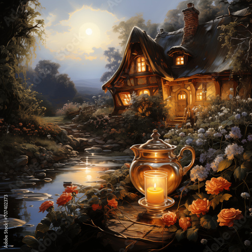 Teacup Cottage style by Thomas Kinkade, a lot light photo