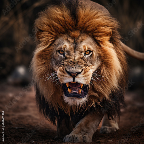 Close-up of the head of an aggressive lion ready to attack