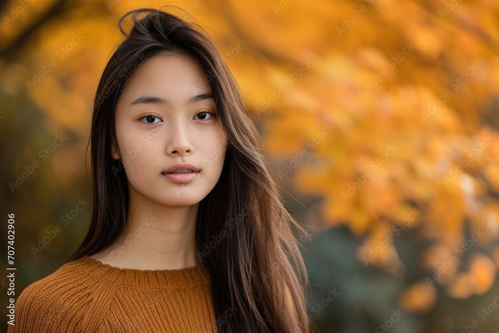 Studio portrait of a young Asian female model with an autumnal forest background Studio portrait of a young Asian female model with an autumnal forest background