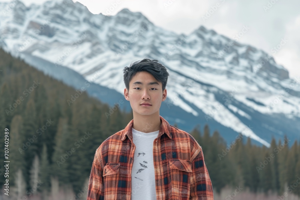 Studio portrait of a young Asian male model with a scenic mountain landscape background