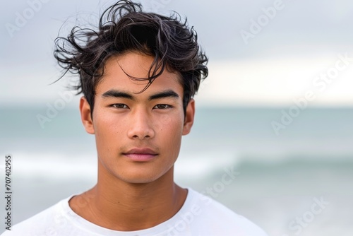 Studio portrait of a young Asian male model with a beach and ocean backdrop