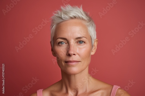 Portrait of mature woman with short white hair looking at camera  isolated on red background