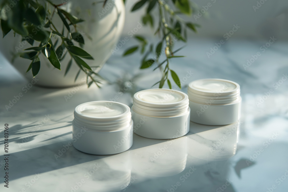 Luxurious Skincare Elegance: Close-Up of Premium Cream Containers on Marble with Soft Morning Luxurious Skincare Elegance: Close-Up of Premium Cream Containers on Marble with Soft Morning