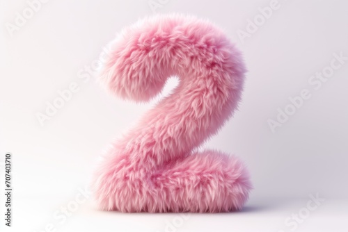 Cute pink pastel number "2" as fur shape, short hair, white background,