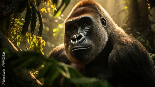 A silverback mountain gorilla in a rainforest. Neural network AI generated art © mehaniq41