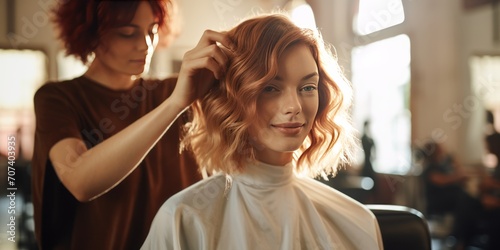 Young female hairdresser fixing hair of gorgeous smiling woman. Hairdress and beauty concept