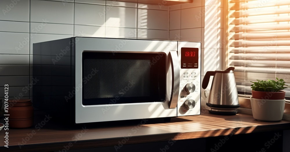 Modern microwave oven on counter near light brick wall in stylish kitchen Modern microwave oven on counter near light brick wall in stylish kitchen