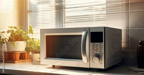Modern microwave oven on counter near light brick wall in stylish kitchen