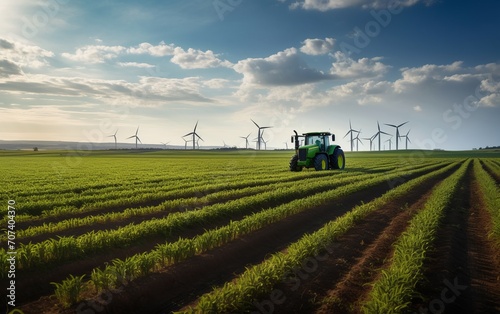 Workers working in the field with a machine. wind turbines and clean energy in the background