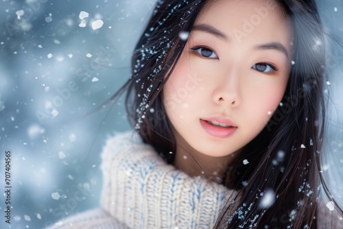 Studio portrait of a young Asian model with a winter wonderland theme