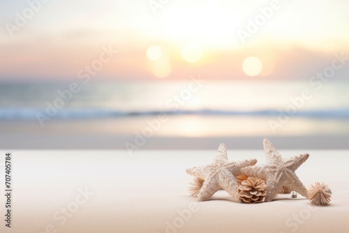 Starfish and pine cone on a sandy beach with a stunning sunrise, symbolizing a serene and natural holiday setting, copy space 