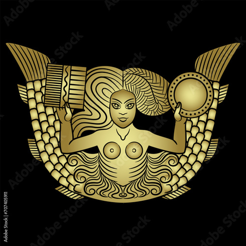 Mermaid or Melusine with two fish tails holding a mirror and a comb. Ethnic medieval European pagan mythological motif. Golden glossy silhouette on black background.