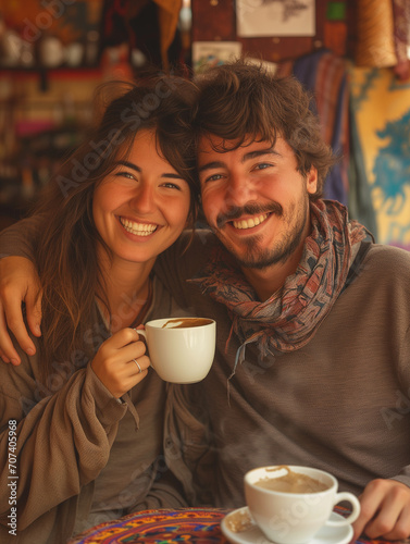 a couple smiling while enjoying a hot cup of coffee, in the style of cluj school, webcam photography, emma ríos, quadratura, ahmed morsi, gloomy metropolises, william holman hunt photo