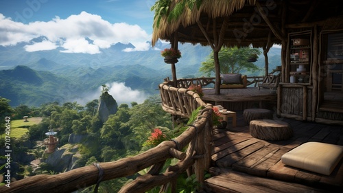 An elevated wooden platform with a cozy cabin, offering panoramic views of the jungle canopy stretching endlessly into the distance -Generative Ai 