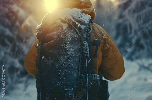 Winterbound Explorer - Hiker with Frost-Covered Backpack, Embracing Dark Yellow and Indigo Tones, Bathed in Calm Sunrays photo