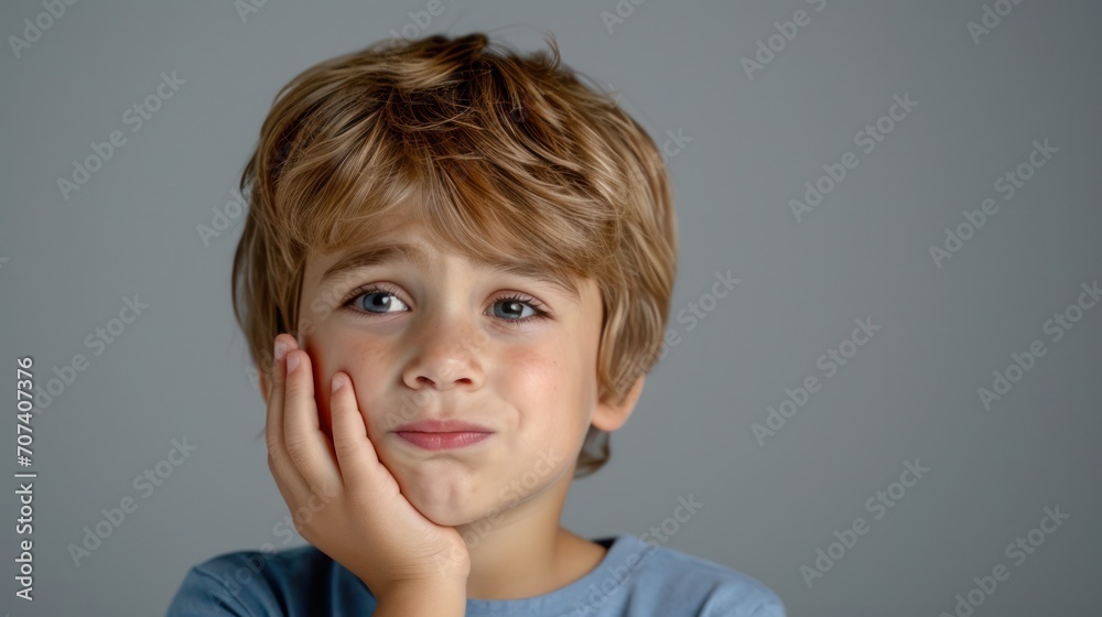 little boy presses hand to cheek, suffers from pain in tooth isolated on gray studio background. Teeth decay, dental problems, child emotions and facial expression little boy presses hand to cheek, suffers from pain in tooth isolated on gray studio background. Teeth decay, dental problems, child emotions and facial expression