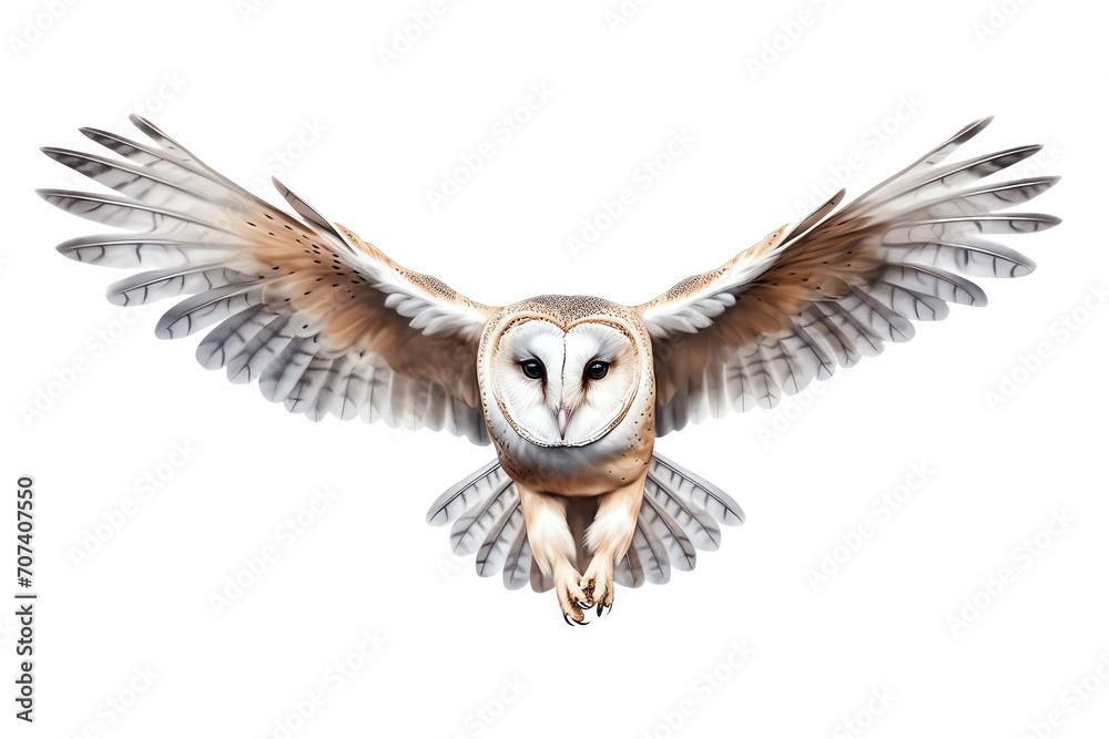 a white and brown owl flying - obrazy, fototapety, plakaty 