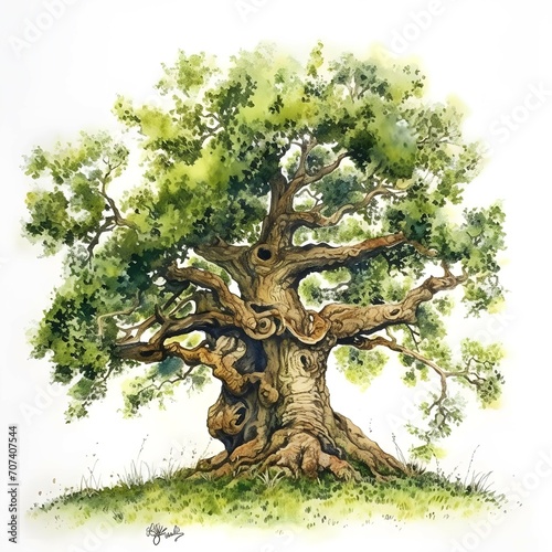 magestic oak tree in watercolour, solid white background