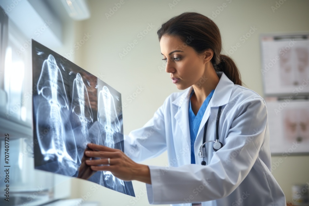 Focused medical professional carefully examines patient X-rays for diagnosis