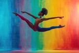 young gymnast athlete performing jumps, training for competition, colorful background in a studio