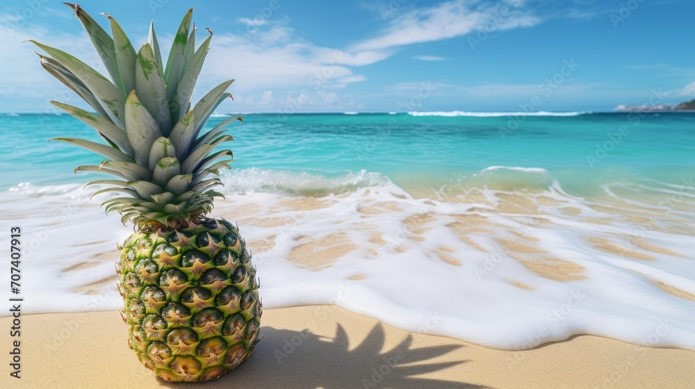 Summer background with pineapple on the seashore. Neural network AI generated art Summer background with pineapple on the seashore. Neural network AI generated art