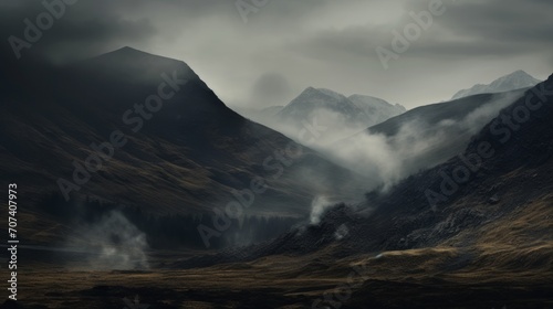 Gloomy foggy mountain landscape. Neural network AI generated art