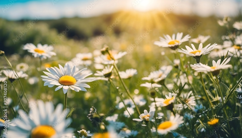 A beautiful, sun-drenched spring summer meadow. Natural colorful panoramic landscape with many wild flowers of daisies against blue sky. Generative AI