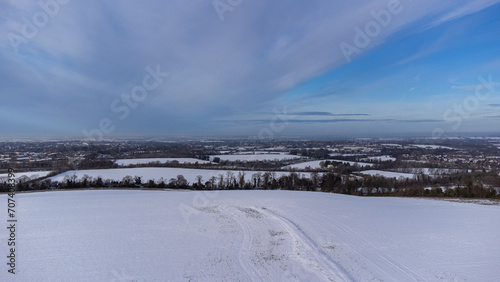 Snow-Covered Fields Near a Highway Captured from 100 Meters by Drone