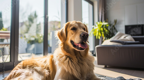 Golden Retriever dog feels great and cozy in a beautiful modern home