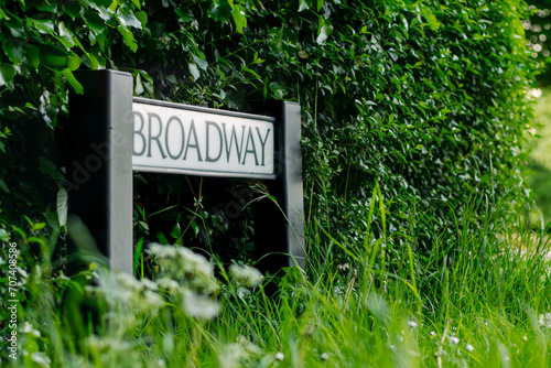 English Street Sign 'BRODWAY' Amidst Green Bushes