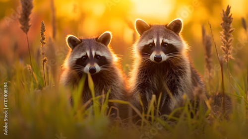 Two raccoons in a field at sunset. Neural network AI generated art © mehaniq41
