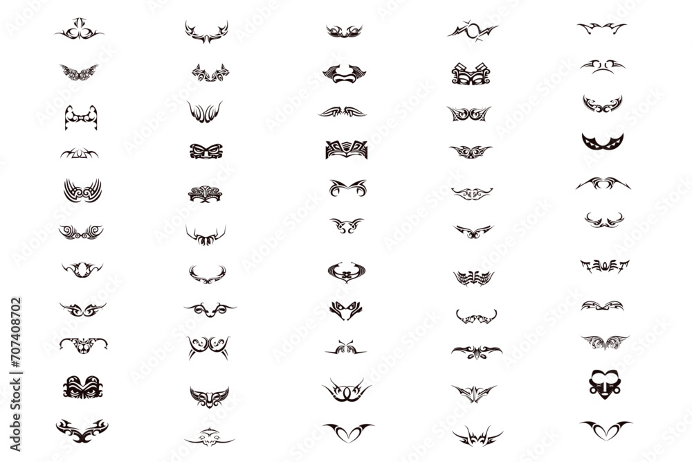 Gothic tribal symbol tattoo vector designs. Set of Symmetric Tribal Patterns Gothic Elements with cyberpunk twist. Flying winged frame. Print for t-shirt, hoodie and sweatshirt or card, poster - obrazy, fototapety, plakaty 