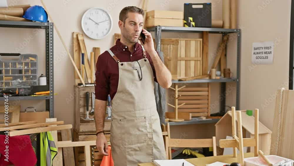 A focused hispanic man in an apron multitasks between a phone call and sketching in a woodwork studio. A focused hispanic man in an apron multitasks between a phone call and sketching in a woodwork studio.