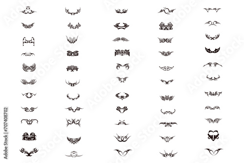 Gothic tribal symbol tattoo vector designs. Set of Symmetric Tribal Patterns Gothic Elements with cyberpunk twist. Flying winged frame. Print for t-shirt, hoodie and sweatshirt or card, poster photo
