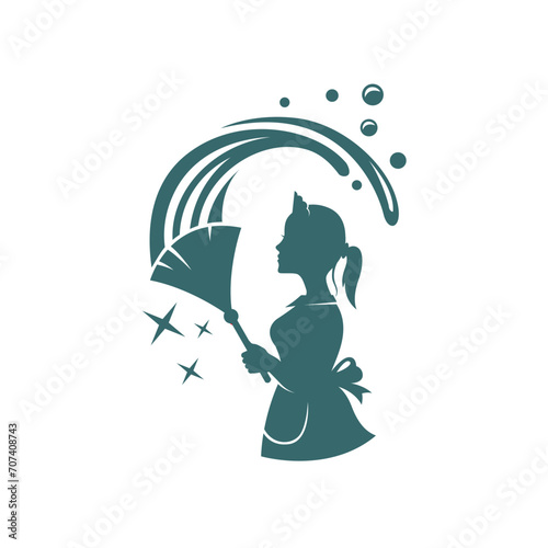 house maid lady for cleaning service design with whisk in hand isolated on white background