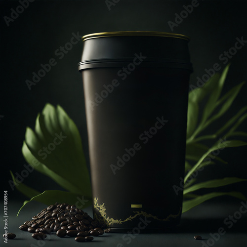 Premium Coffee Cup Packaging with Coffee Beans and Leaves © arber.design
