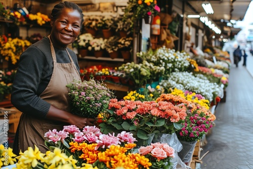 An African American woman tending to a vibrant display of various flowers at a market. photo
