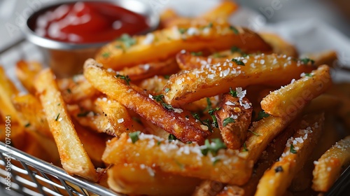 a close-up view of a basket filled with golden-brown French fries and ketchup. The fries are well-cooked, crispy, and have a sprinkling of green herbs and salt.